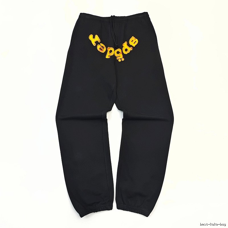 Bold Yellow Wordmark Graphics And Cuffed Hems Black Sp5der Logo Sweatpants