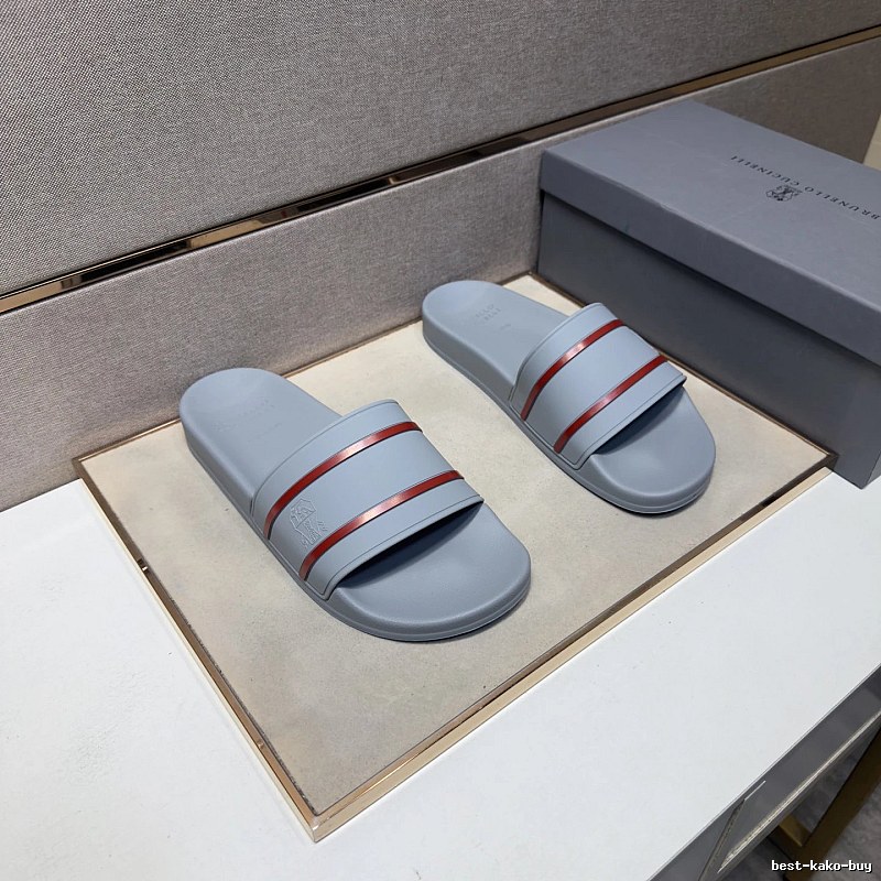 Brunello Cucinelli Striped Casual Light Gray Slide Sandals