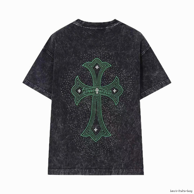 Chrome Hearts Cross Vintage Style Black and Green Short Sleeve T-Shirt