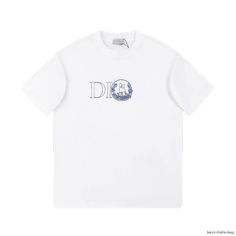 Dior Cat-Embroidered Light Luxury Style White Short-sleeve T-shirt