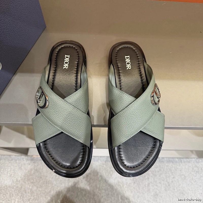Dior Cross-strap Light Luxury Grey-green Slide Sandals