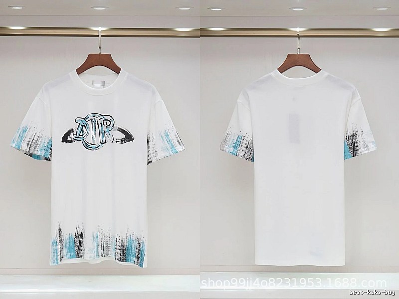 Dior Graffiti Collection Street Style White and Blue Short-sleeve T-shirt