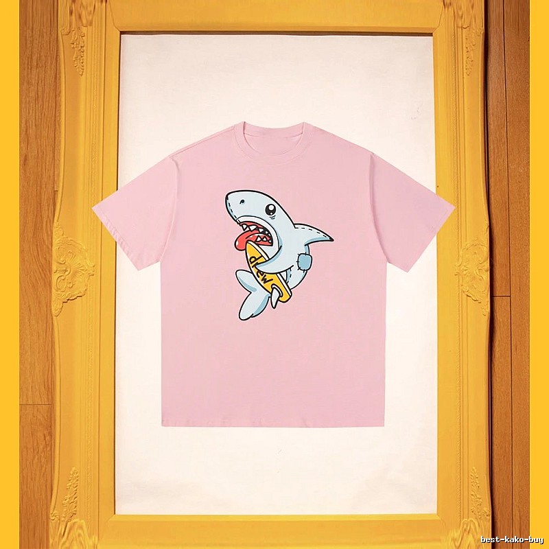 DREW Cartoon Shark Street Style Pink Short-sleeve T-shirt