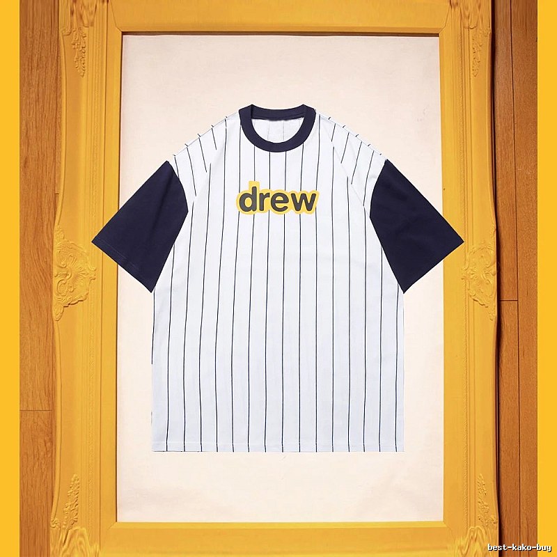 DREW Letter Print Street Style White and Navy Blue Short Sleeve T-Shirt