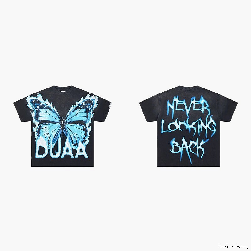 DUAA Butterfly Print Street Style Black and Blue Short-sleeved T-shirt