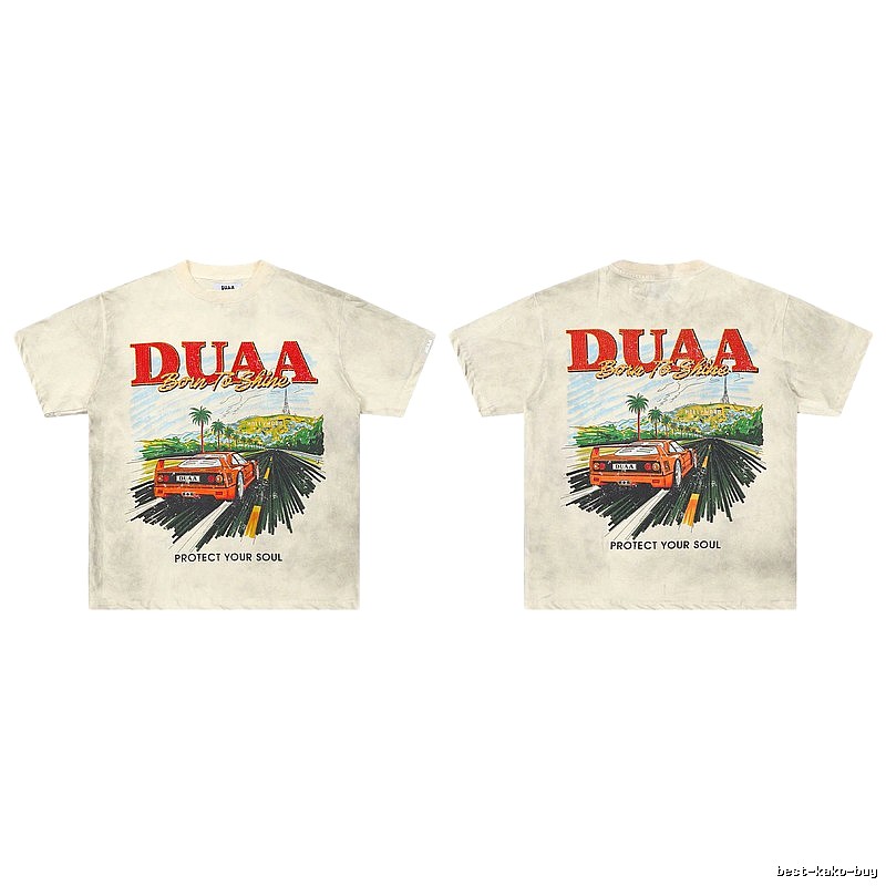 DUAA Sports Car Print American Retro Off-white Short Sleeve T-Shirt