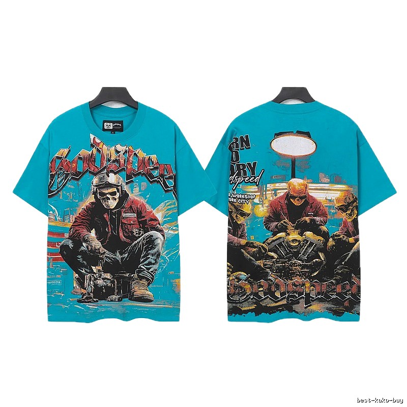 Godspeed Motorcycle Skull Vintage Style Lake Blue Short Sleeve T-shirt