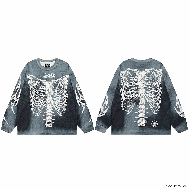 Hellstar Skull Print Street Style Vintage Grey Long Sleeve T-shirt