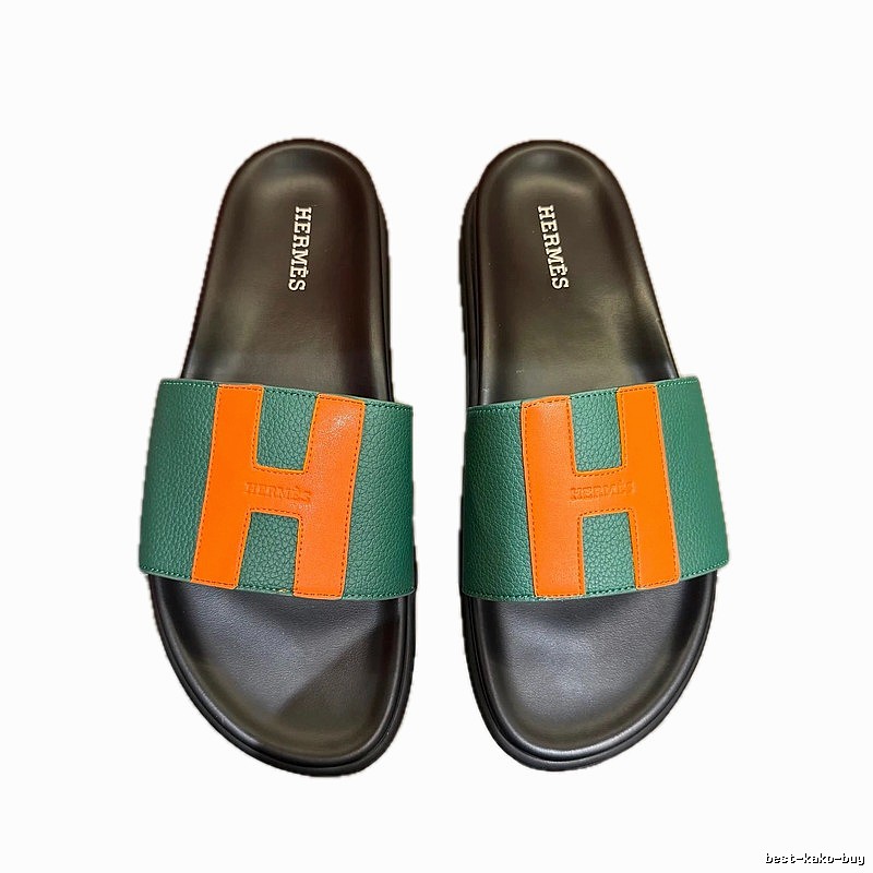 Hermès H Collection Casual Style Green and Orange Color-block Slide Sandals