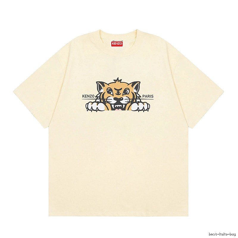 KENZO Tiger Head Print Streetwear Style Beige Short Sleeve T-Shirt