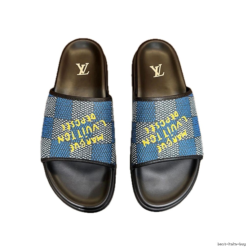 Louis Vuitton Checkerboard Graffiti Style Blue and Black Slides