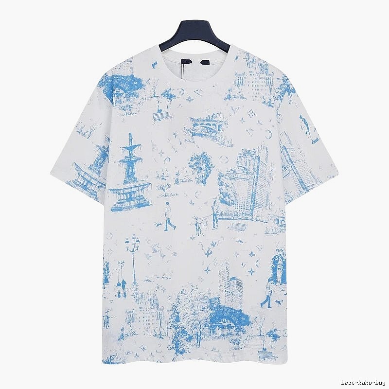 Louis Vuitton City Print Casual Style White and Blue T-Shirt