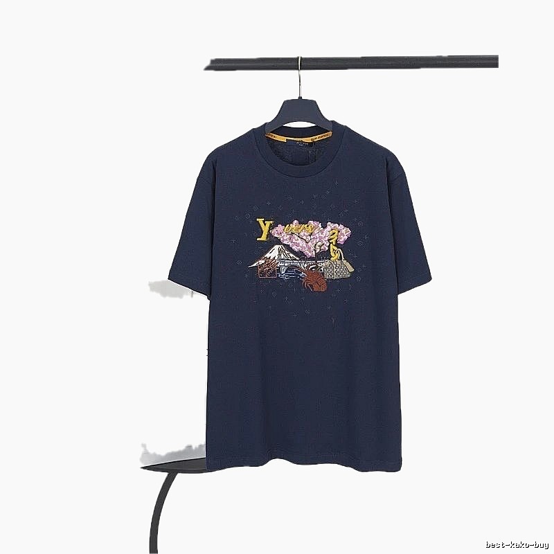 Louis Vuitton Embroidered Trendy Luxury Navy Blue Short-sleeve T-shirt