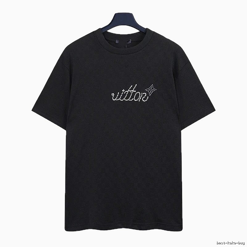 Louis Vuitton Rhinestone-embellished Streetwear Style Black Short-sleeve T-shirt