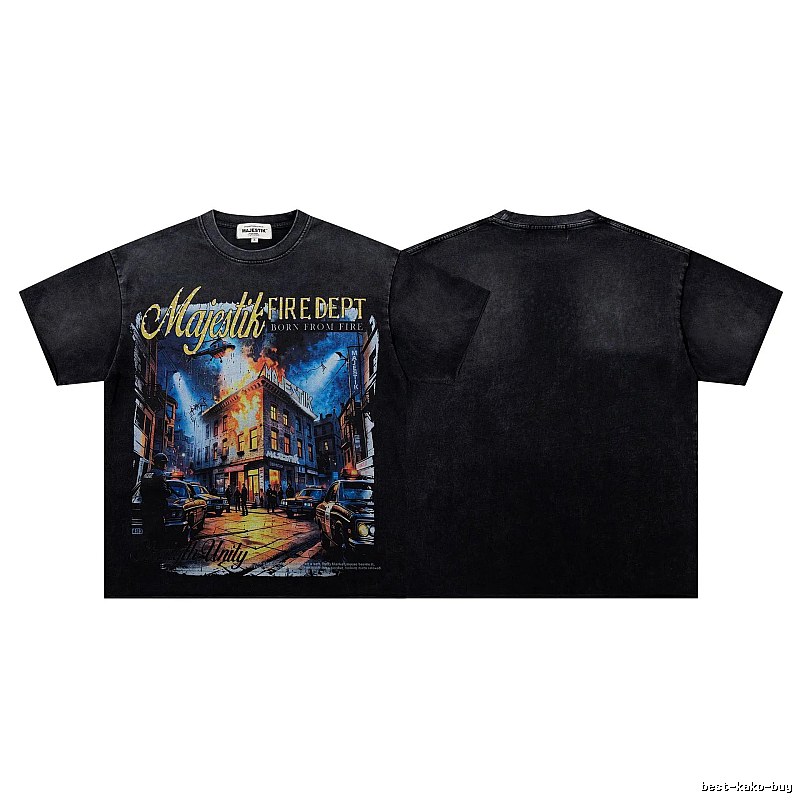 MAJESTIK Fire Department Vintage Distressed Black Printed T-shirt