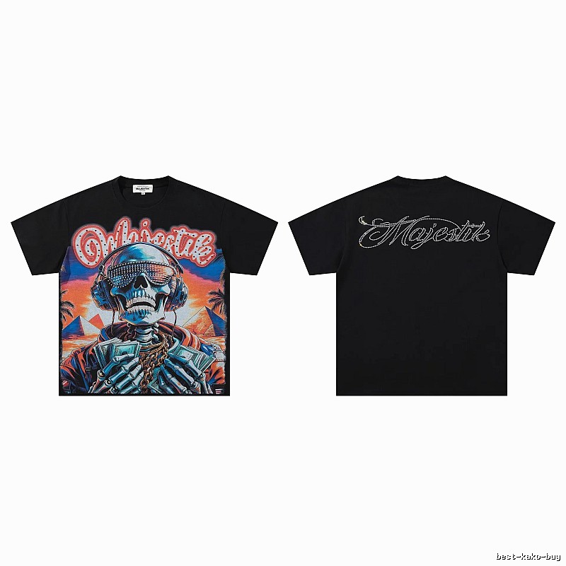 MAJESTIK Skull Print Hip-hop Style Black T-shirt