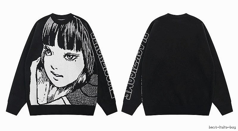 Relaxed Anime graphic sweater Black Knit Top with Versatile Design