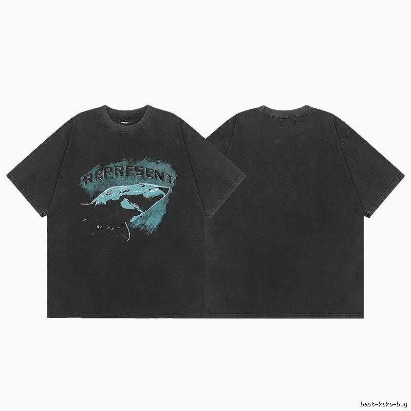 Represent Shark Print Vintage Style Black T-Shirt
