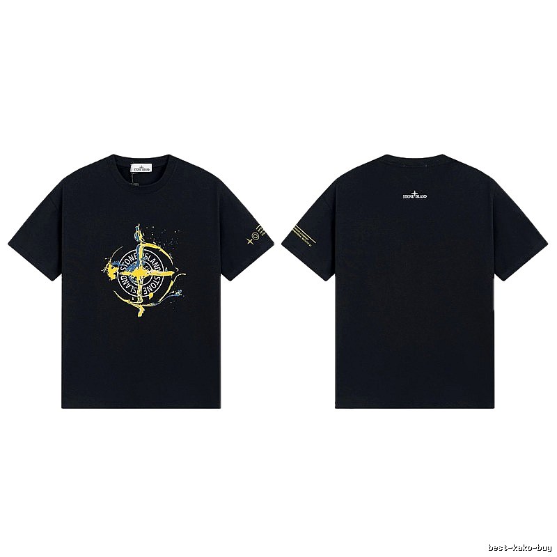 Stone Island Ink-splattered Street Style Black Short-sleeve T-shirt