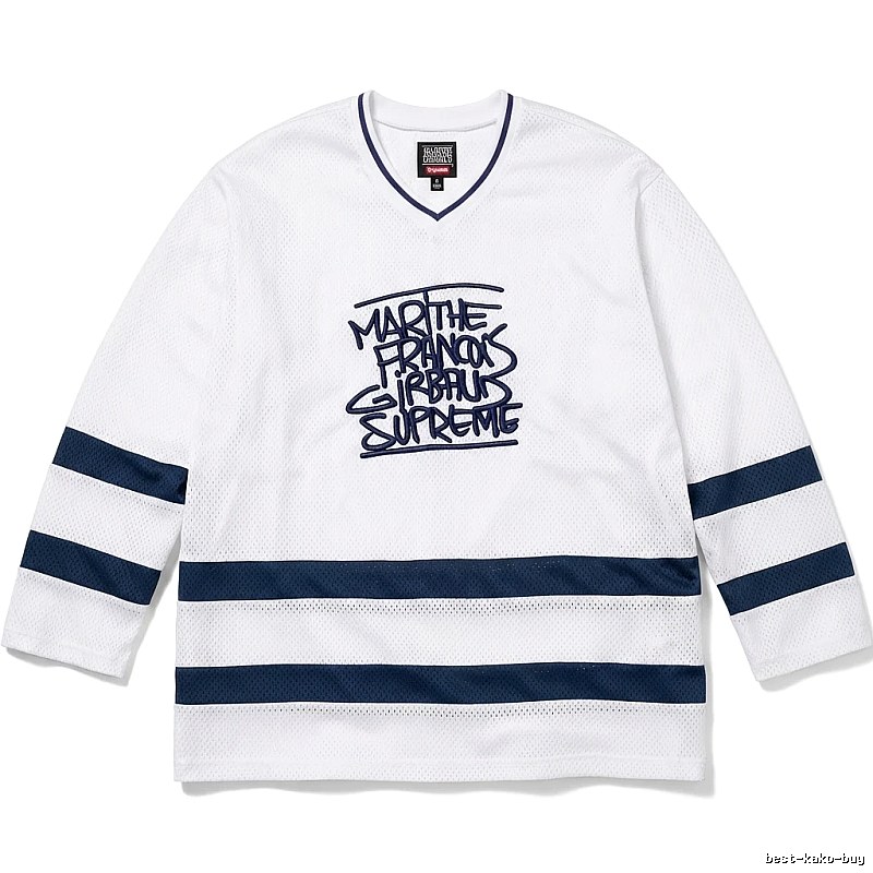 Supreme graffiti-style white and blue jersey