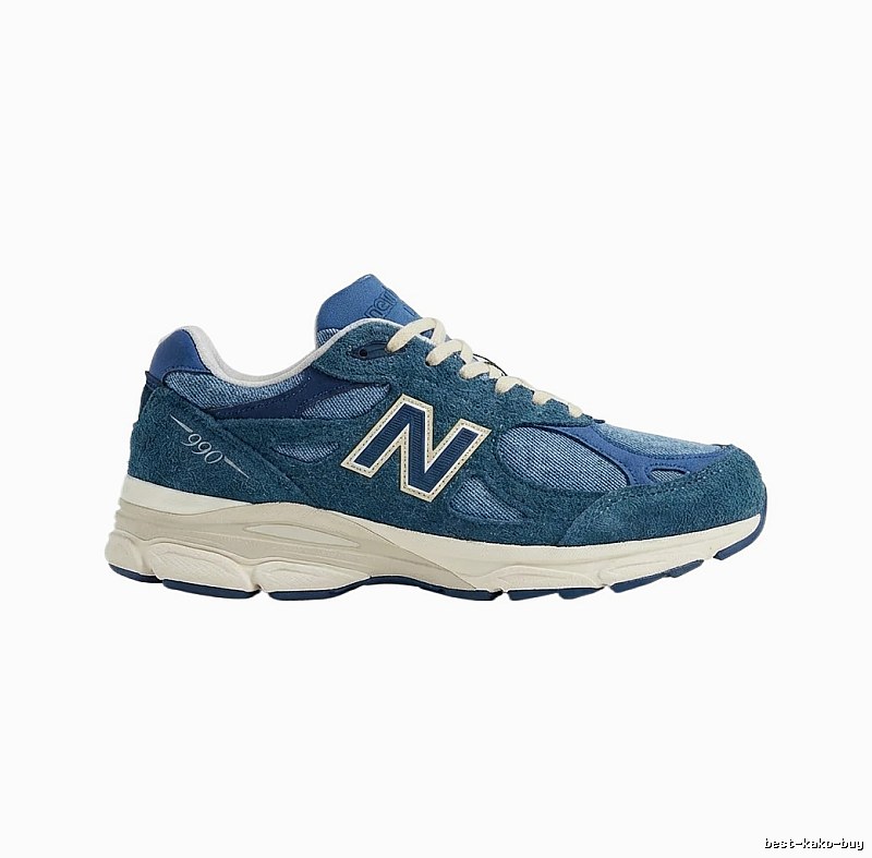 The retro-style blue shoes of the New Balance 990 series.