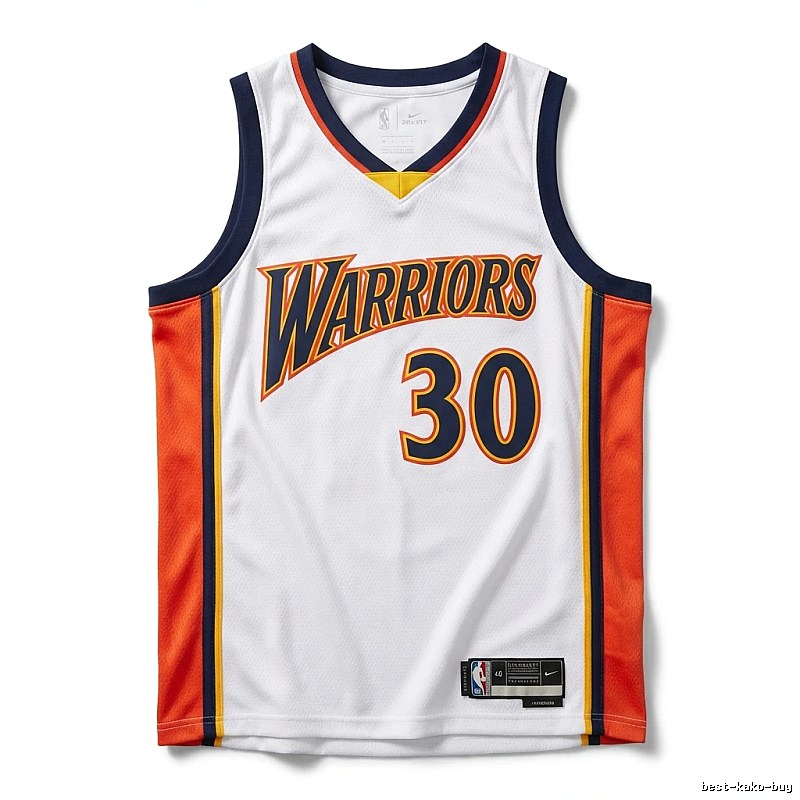 Warriors' Curry white and orange basketball jersey